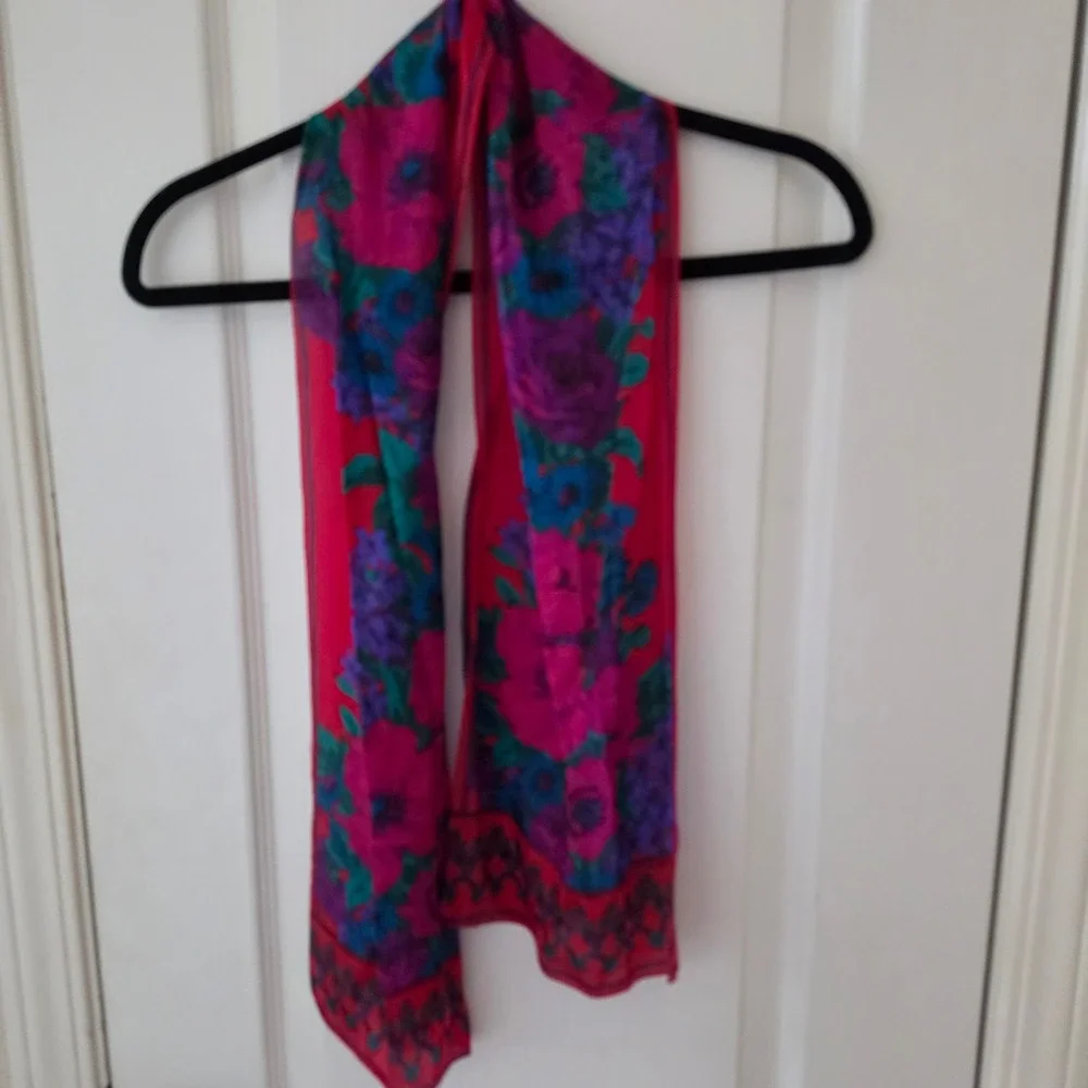 Liz Claiborne Red Silk Floral Scarf Pink Purple Teal Rectangular 10x52